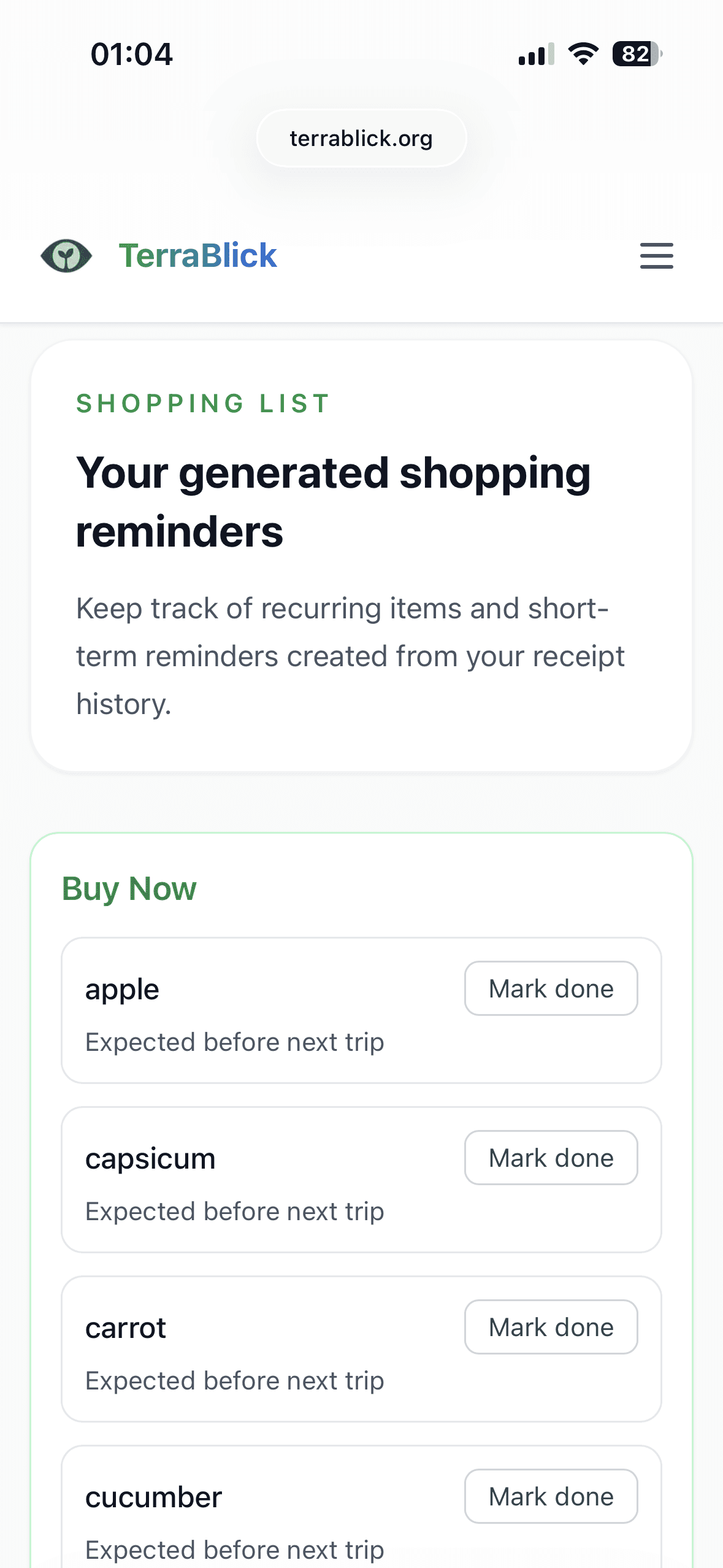 TerraBlick smart shopping list interface